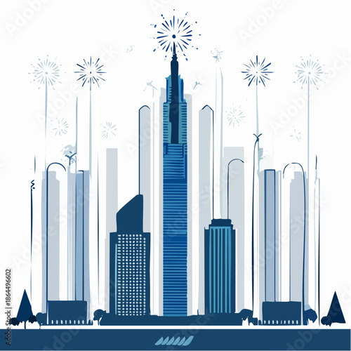 Vibrant cityscape celebrates with fireworks and modern skyscrapers
