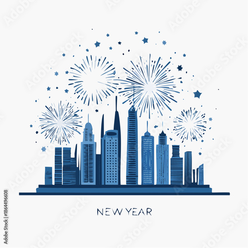 Celebratory cityscape with fireworks on New Year's Eve night