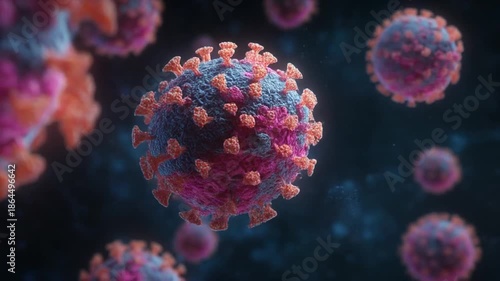 Close-up of pink-orange spiked virus particles drifting in a dark azure field, glowing softly, vivid