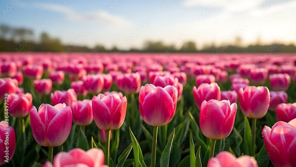 Obraz premium Vibrant field of pink tulips under blue sky
