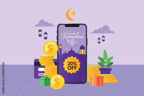 Ramadan online 20% discount offer promotion background. Online sale, purchase order vector illustration.