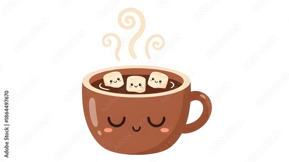 Obraz premium A charming illustration of a steaming hot chocolate mug with three adorable, smiling marshmallows, perfect for cozy winter moments and sweet treats