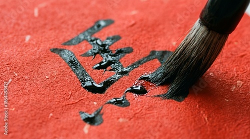 Macro shot of a wet brush creating traditional Chinese calligraphy strokes with black ink on textured red paper, symbolizing Lunar New Year blessings and culture.