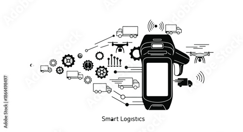 Modern smart logistics technology connecting vehicles, drones, and handheld scanners for efficient delivery.