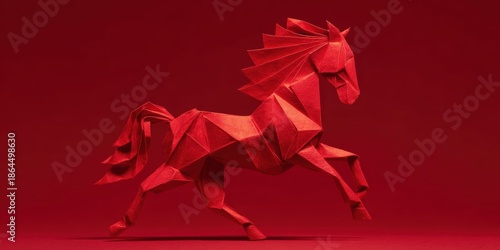 Red Origami Horse in Dynamic Pose on a Striking Red Background