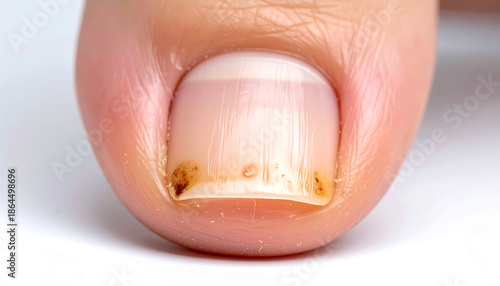 Close-up extreme detail shot of a human toenail showing signs of a fungal infection with discoloration and damage