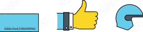 Set of flat vector icons featuring a blue sleeve thumbs up gesture and a motorcycle helmet isolated on white background