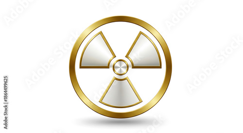 Golden radiation symbol with white and silver accents on white background hazard danger