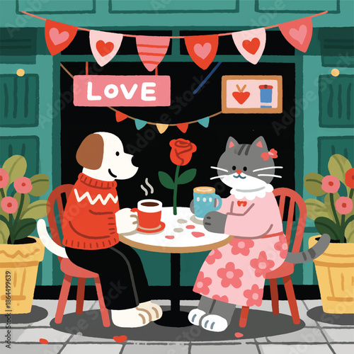 Illustration Of A Cute Dog Wearing A Casual Sweater And A Cat Wearing A Dress, Sitting At A Small Outdoor Cafe Table, Holding A Coffee Cup And A Rose Vector Design Template