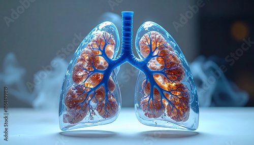 Transparent lungs with glowing interior and blue airways, enhanced by ethereal fog