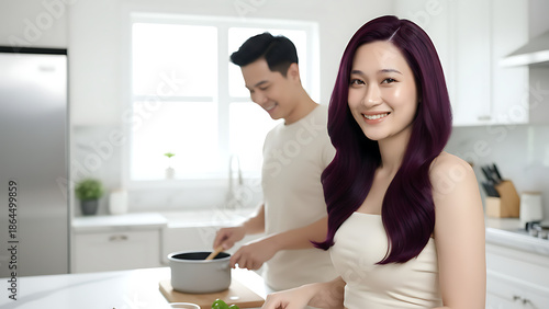 Wallpaper Mural A happy Asian couple cooking together in a bright modern kitchen, with the woman smiling at the camera. Torontodigital.ca