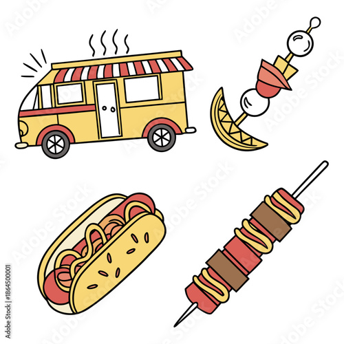 Title: A colorful food truck with a yellow and red striped awning serving hot dogs and other