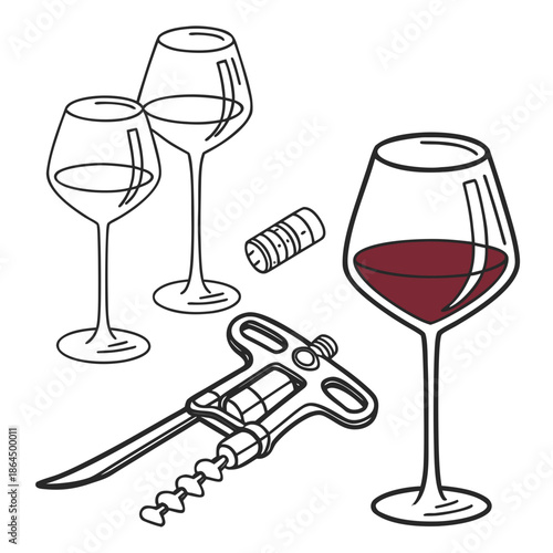 Title: A set of three wine glasses with a wine bottle cork and a wine bottle opener on a white