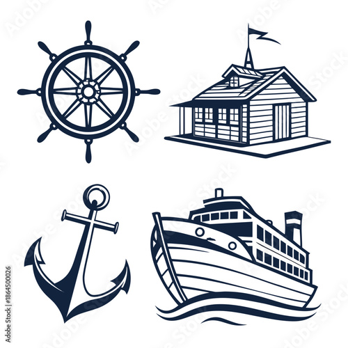 Title: A collection of four nautical-themed including a ship wheel, anchor, house, and boat on waves