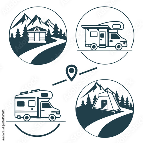 Title: Four camping and travel including a cabin, recreational vehicle, map pin, and tent in a