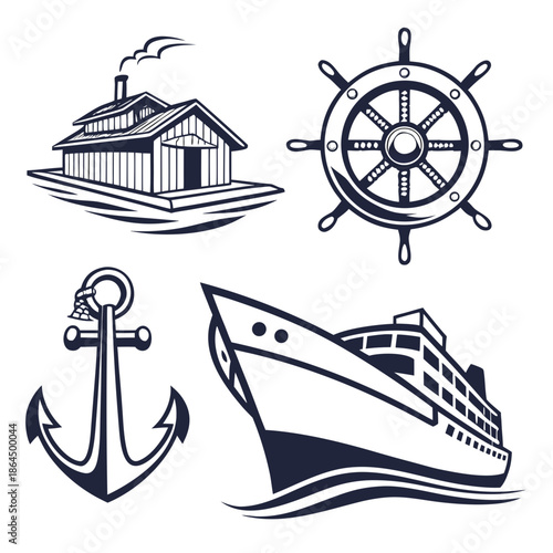 Title: Four camping and travel including a cabin, ship wheel, anchor, and recreational vehicle on