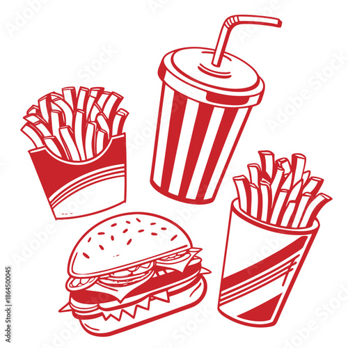 Title: Four fast food including a hamburger, french fries, and a drink with a straw in a red and
