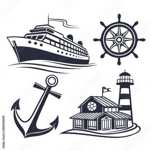Title: Four nautical-themed including a ship, steering wheel, anchor, and lighthouse on a white