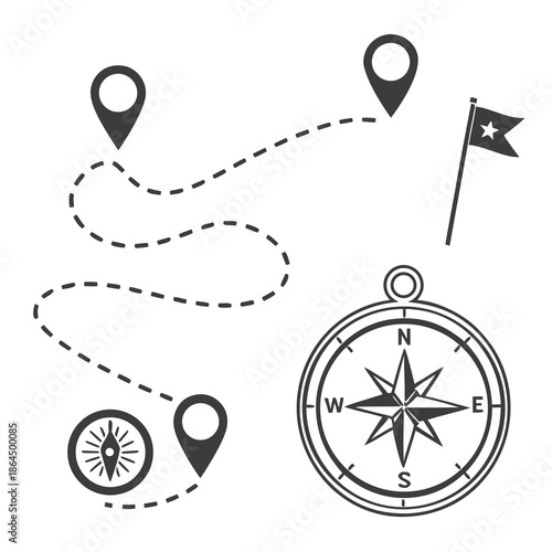 Title: A compass with a path marked by three location pins and a flag in a minimalist line style