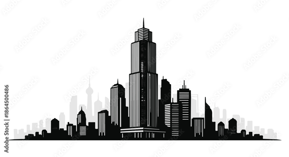 Fototapeta premium Striking silhouette of a modern city skyline with a prominent central skyscraper.