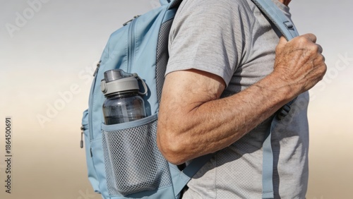 elderly Person wearing a light blue backpack with a water bottle in the mesh pocket, active aging concept