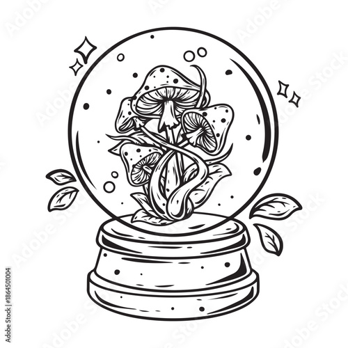 illustration art hand drawn crystal ball with mushrom inside black and white tattoo and t-shirt design
