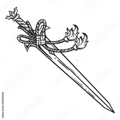 illustration art hand drawn black and white sword with rope ornament tattoo and t-shirt design