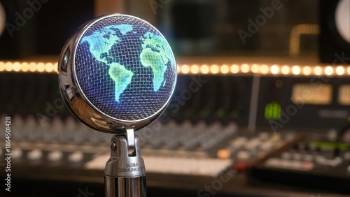 Microphone with a World Map Display, Representing Global Communication and Broadcasting