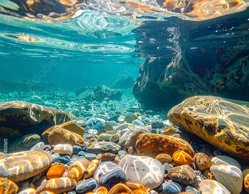Underwater view clear water over a bed of colorful river stones