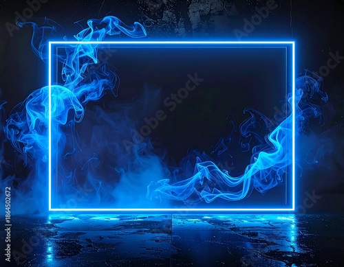Neon blue square frame surrounded by glowing smoke on a dark surface