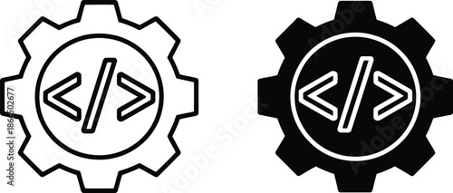 Coding icons represented as gear symbols in black and white