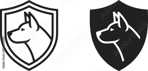Simple dog head logos in shield icons, presented in black and white, symbolizing protection and loyalty