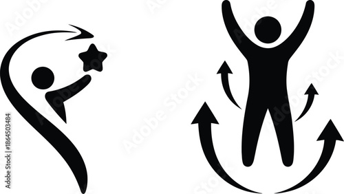 Silhouetted figures reaching for a star and celebrating with arms raised in a dynamic illustration