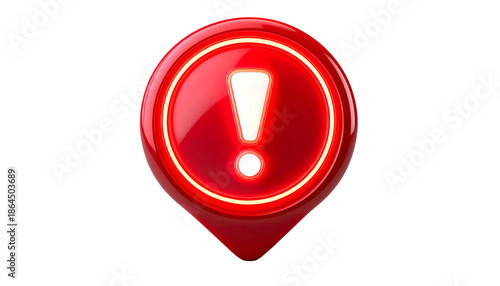 A 3D-rendered illustration of a bright red, glowing exclamation mark, encapsulated within a location pin with a neon outline. It has a glossy appearance, set against a black backdrop