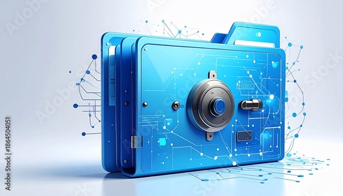 Blue file folder with a safe-like design, data circuits, and a light background
