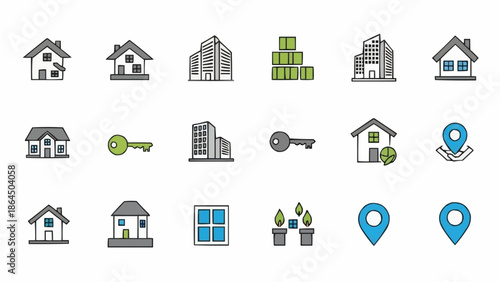 Real Estate Icons - Houses, Buildings, Keys, and Locations.