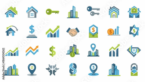 Collection of Real Estate and Finance Icons for Business and Investment.