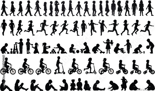 Children silhouette set showing walking, running, playing, riding, reading, writing, learning, and active lifestyle in various motion poses