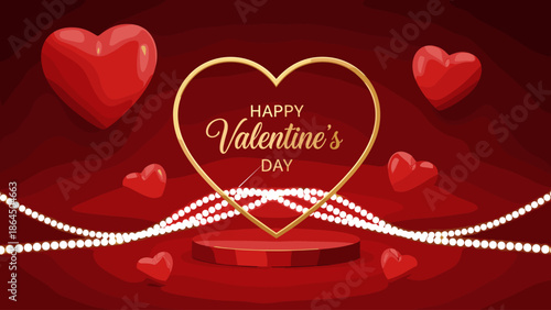 Red luxury podium for product display with gold heart frame white pearl strings and floating hearts for Valentine Day background