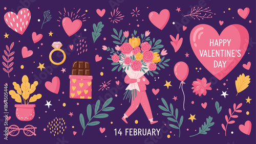 Happy Valentines Day flat vector illustration with pink hearts flower bouquet chocolate ring and romantic elements on dark purple background