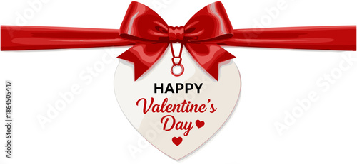 Red satin ribbon bow with heart shaped gift tag for Happy Valentines Day greeting card design isolated on white background