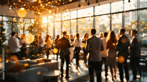 Business professionals gather in a brightly lit office space surrounded by warm golden particle effects