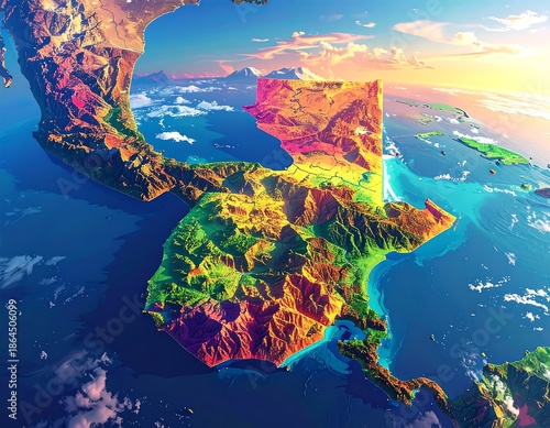 Vivid, colorful, 3D render of a country's topography from space