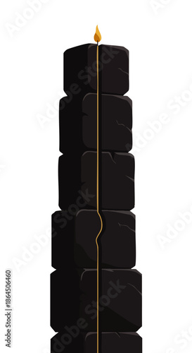 A tall, dark, monolithic stone tower with a golden flame flickering atop its summit against a white background.