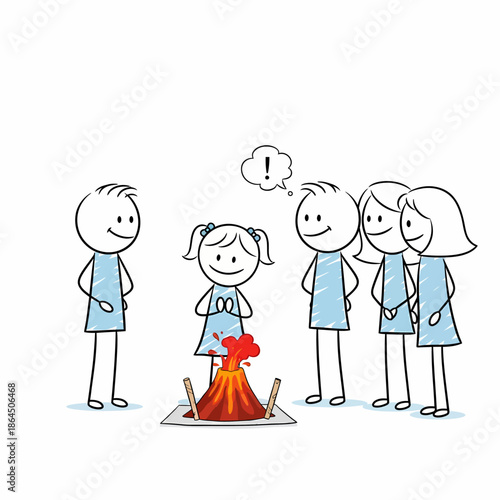 Group of four stick figures gathered around a campfire with one child surprised at a sudden event in a serene outdoor setting
