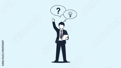 Illustration of a Businessman with Question and Idea Bubble.