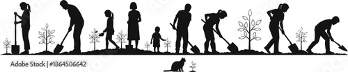 Community tree planting silhouette with people gardening and reforestation volunteers for environmental sustainability concept vector