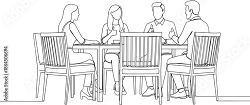 Team of four business professionals having a successful meeting and giving thumbs up at a conference table in minimalist line art style vector illustration