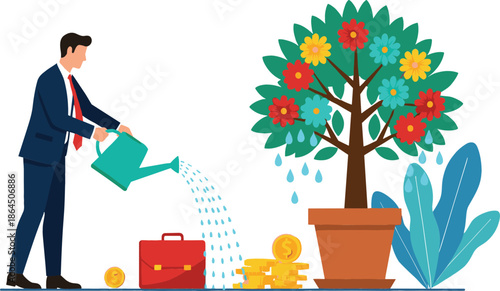 Businessman watering a money tree with flowers and gold coins for financial growth long term investment and wealth cultivation concept vector