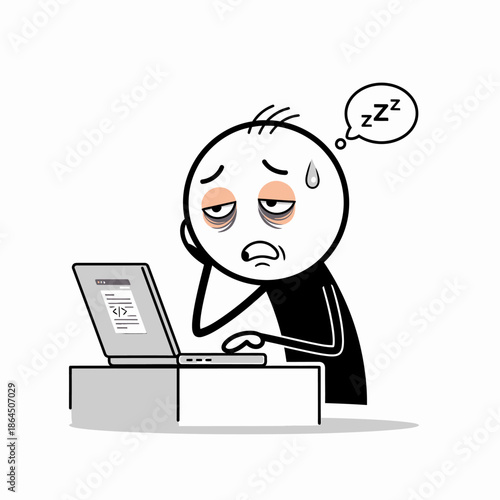 Tired office worker sitting at desk with laptop, feeling sleepy and stressed while working on a project, eps style illustration